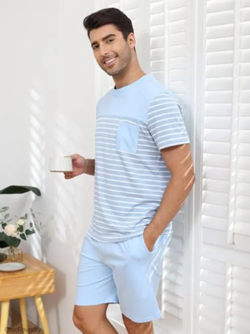 Men's Cotton Pajama Set Short Sleeve Shorts Striped Sleepwear Lounge Set with
